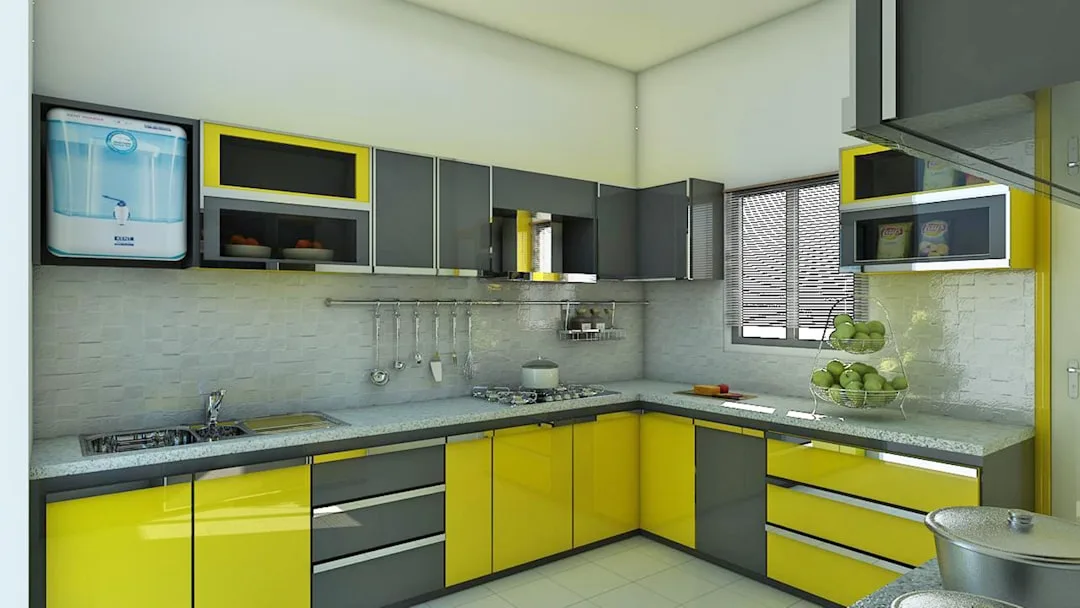 L-shaped modular kitchen design with yellow gloss cabinets and gray accents showing space-efficient layout