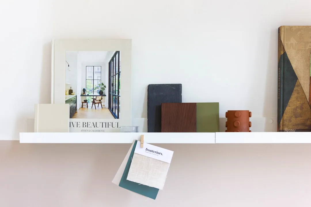 Interior design mood board with wood, slate, and g