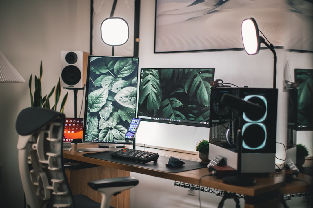Modern home office desk setup with layered lighting
