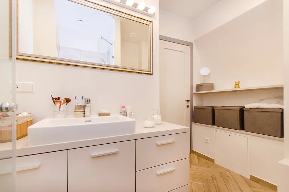 Bathroom vanity zone with recessed wall niche shelving, storage boxes, and white cabinet drawers for tight space organiz