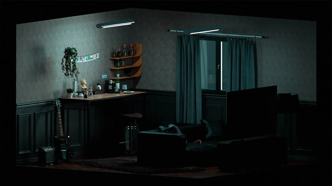 Dark moody studio apartment with fluorescent tube lights, bar counter, and sofa showing ambient lighting zones
