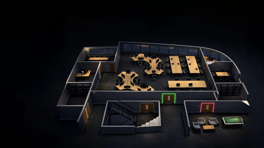 3D isometric floor plan of open office with clustered workstations anchoring distinct functional zones