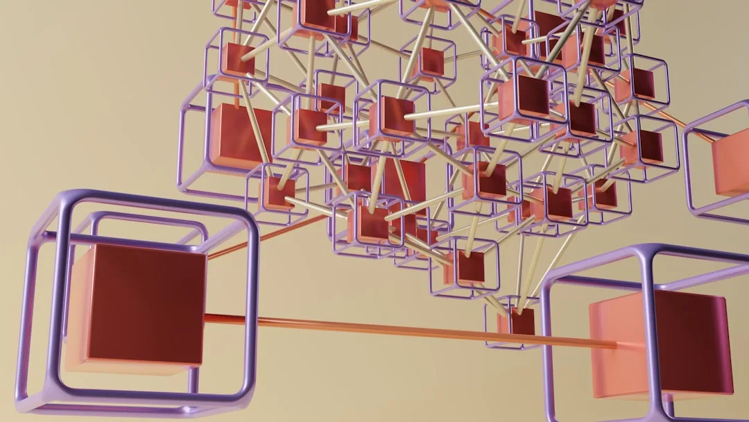 3D render of interconnected cubes with purple frames illustrating spatial relationships and network connections