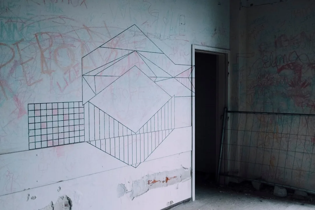 Abandoned room with graffiti-covered white walls showing geometric line art and visible surface flaws and imperfections