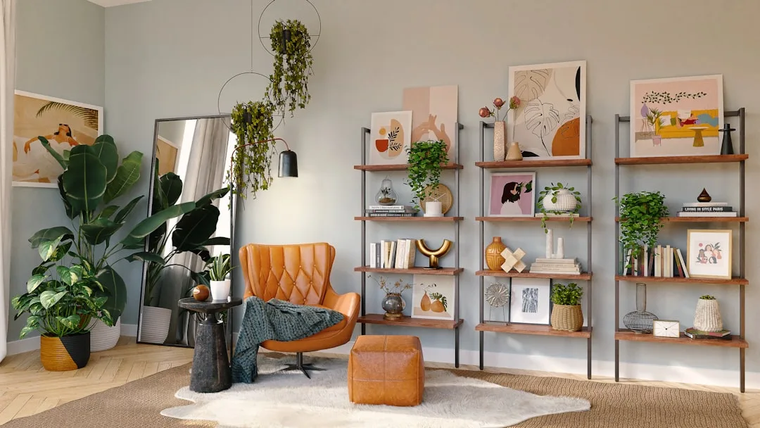 Mid-century modern living room with leather egg chair, walnut shelving, abstract art prints and tropical houseplants