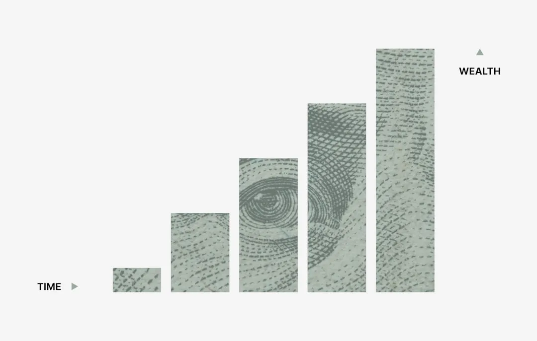 Bar chart showing wealth growth over time with US dollar bill texture overlay illustrating investment returns