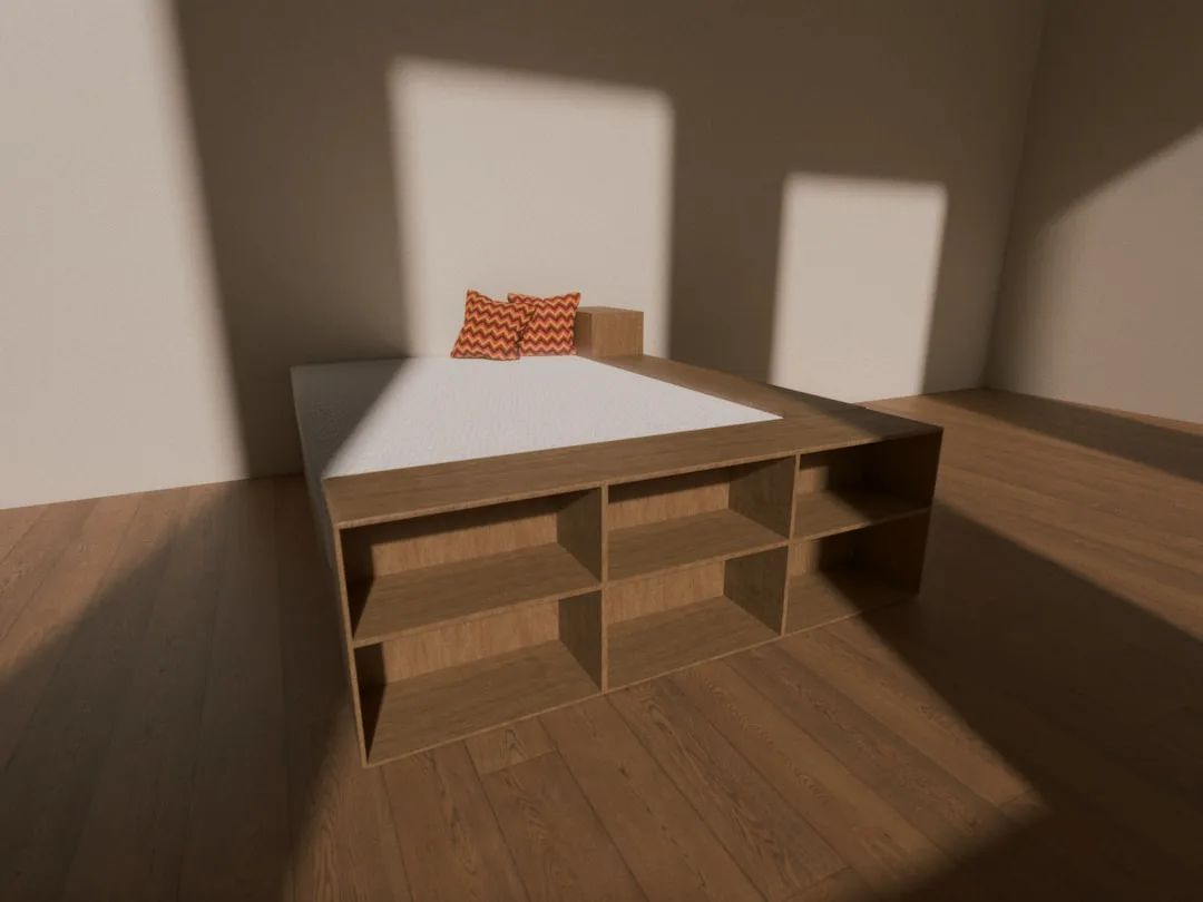 Platform bed with built-in open shelf storage compartments underneath, wooden frame with white mattress and orange pillo