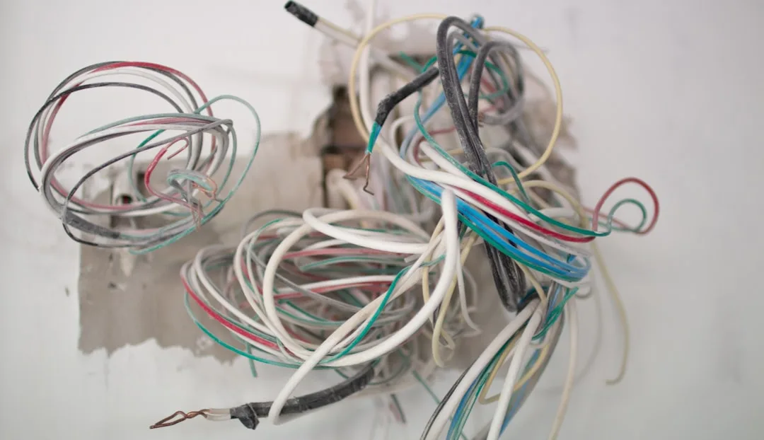 Tangled mess of exposed electrical wires protruding from a wall junction box during home renovation