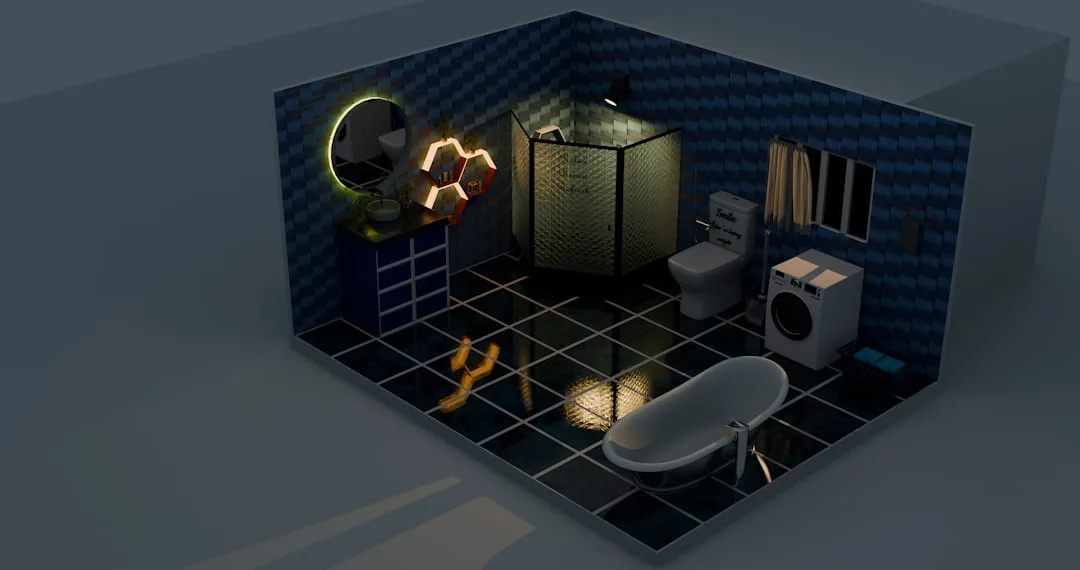 3D isometric render of a small modern bathroom with vertical blue tile walls, round mirror, freestanding tub and shower