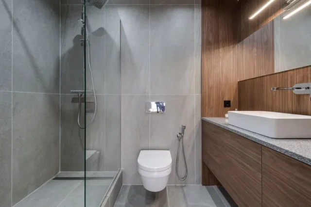Modern walk-in shower with glass panel and wall-mo