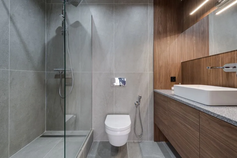 Modern walk-in shower with glass panel and wall-mo