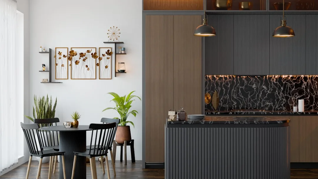 Modern eat-in kitchen with dark round dining table