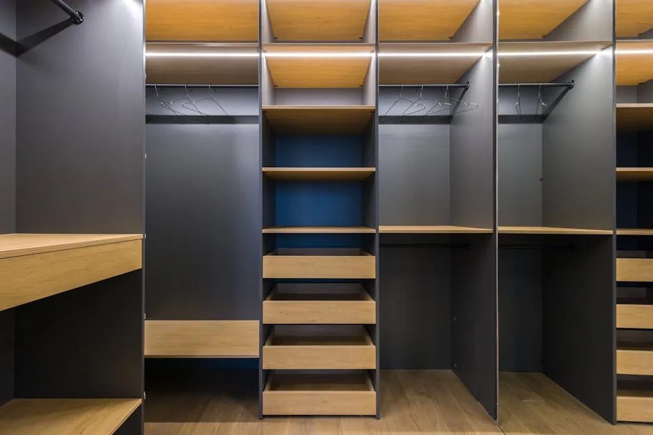 Custom walk-in closet with wooden shelves, pull-out drawers, hanging rods and gray panels in modern interior design