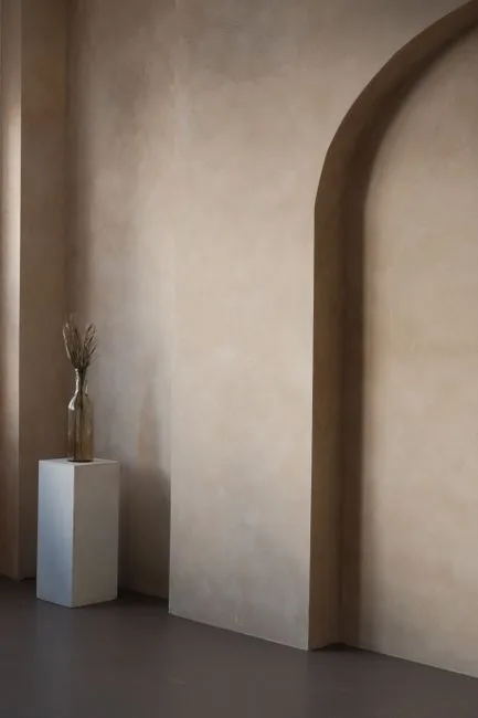 Limewash plastered wall with arched doorway in war