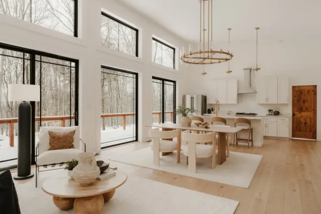 Warm white open-plan living and dining room with n