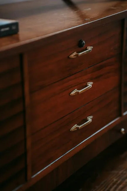 Vintage mid-century modern wooden dresser with brass drawer pulls and rich walnut finish