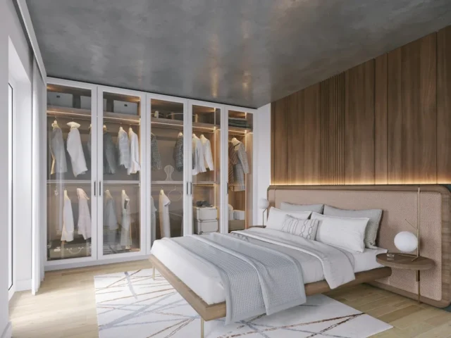 Modern bedroom with built-in glass-door wardrobe c