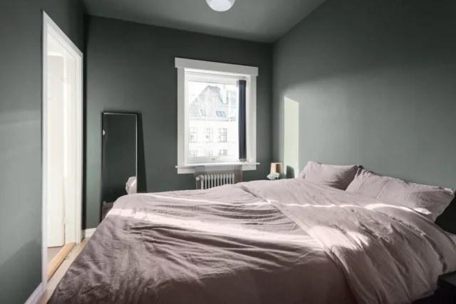 Dark gray-green bedroom walls showing color variat