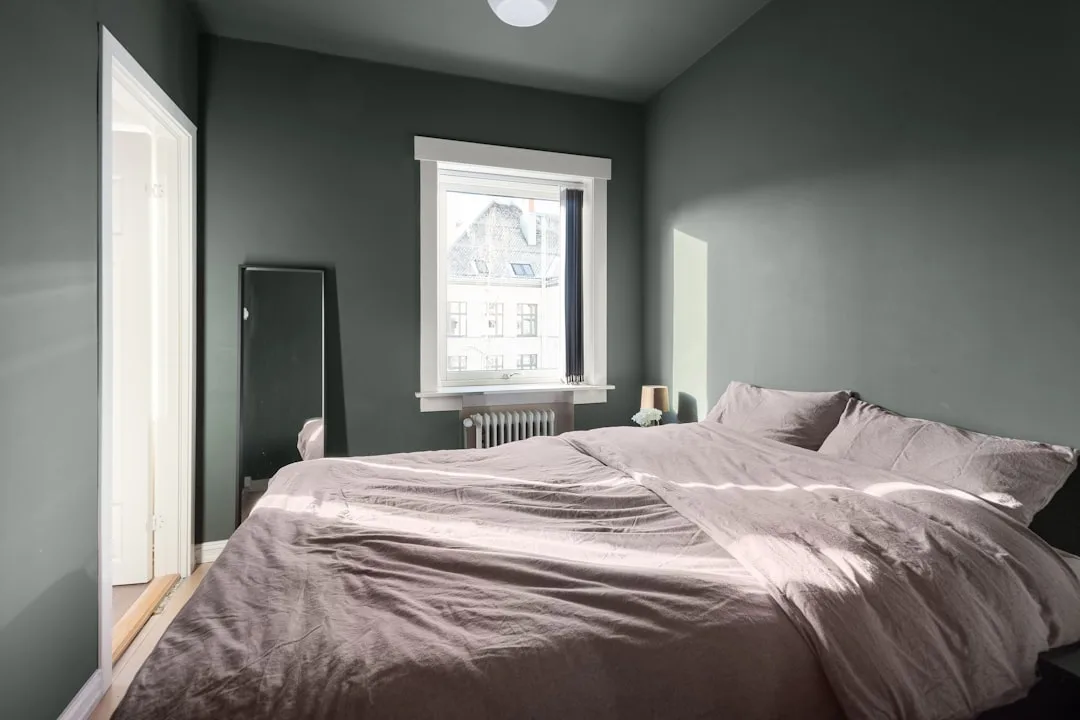 Dark gray-green bedroom walls showing color variat