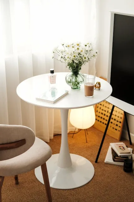 White tulip pedestal table with daisy arrangement