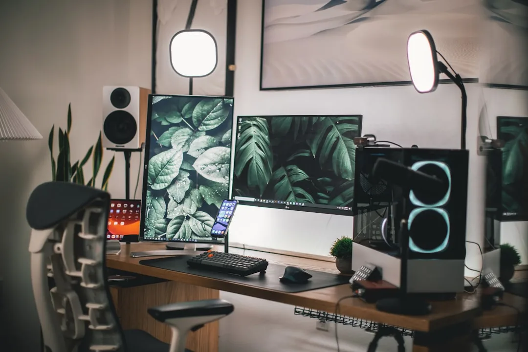 Dual monitor desk setup with ultrawide LG monitor,