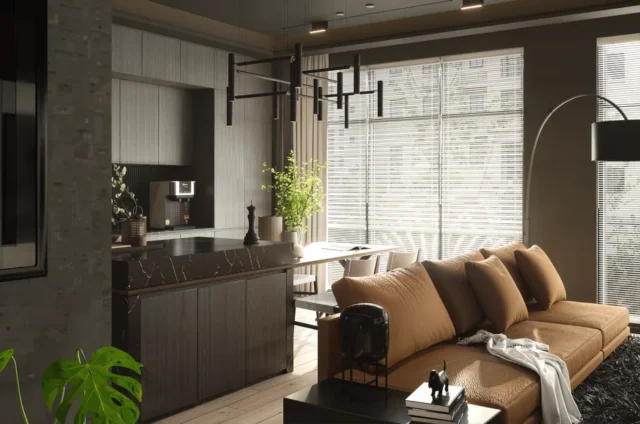 Modern open-plan living room and kitchen combo wit
