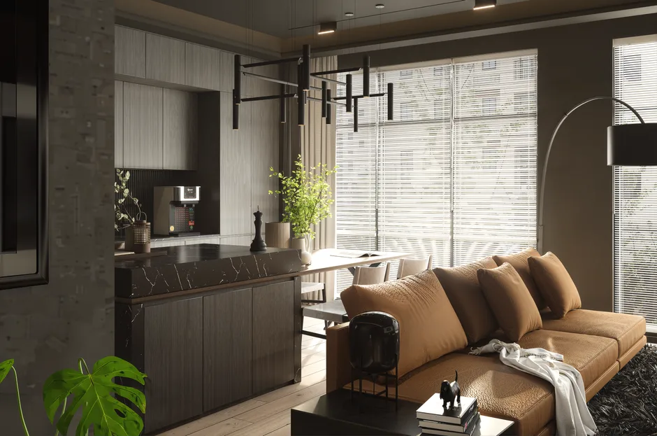 Modern open-plan living room and kitchen combo wit