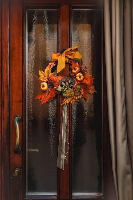 Autumn wreath with sunflowers, maple leaves, pumpk