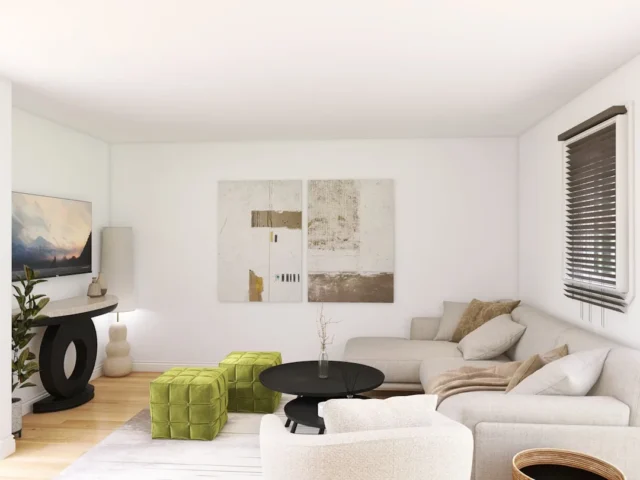 Modern living room with green velvet ottoman poufs