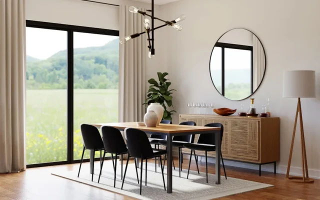 Modern dining room with rectangular wood table, bl
