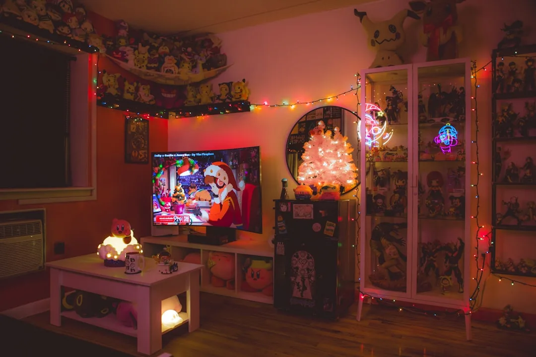Cluttered anime collectibles and Christmas lights