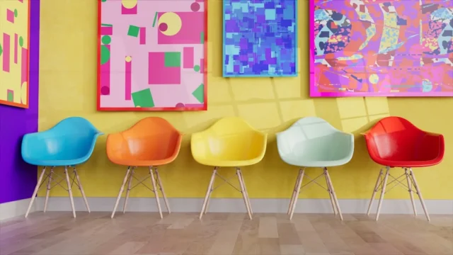 Five colorful Eames-style chairs in blue, orange,