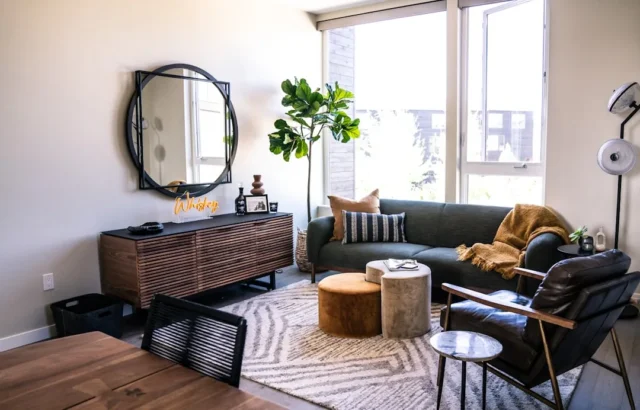 Modern living room with dark sofa floated away fro