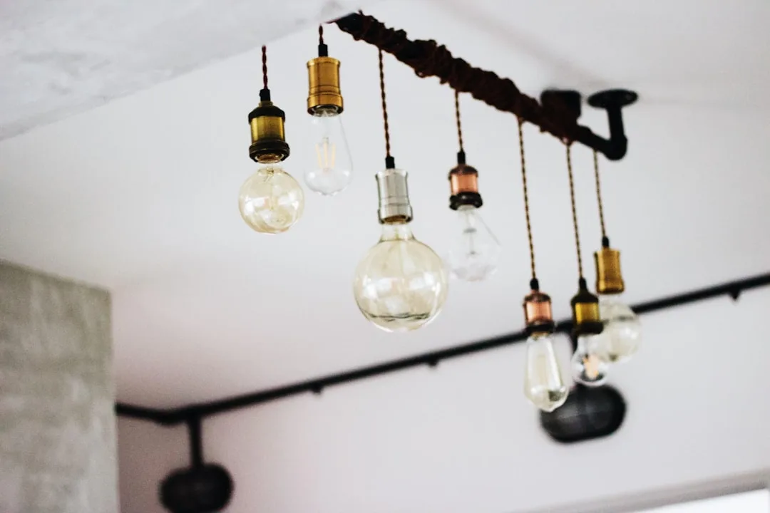 Various Edison and globe pendant light bulbs hanging from industrial pipe ceiling fixture showing different bulb types