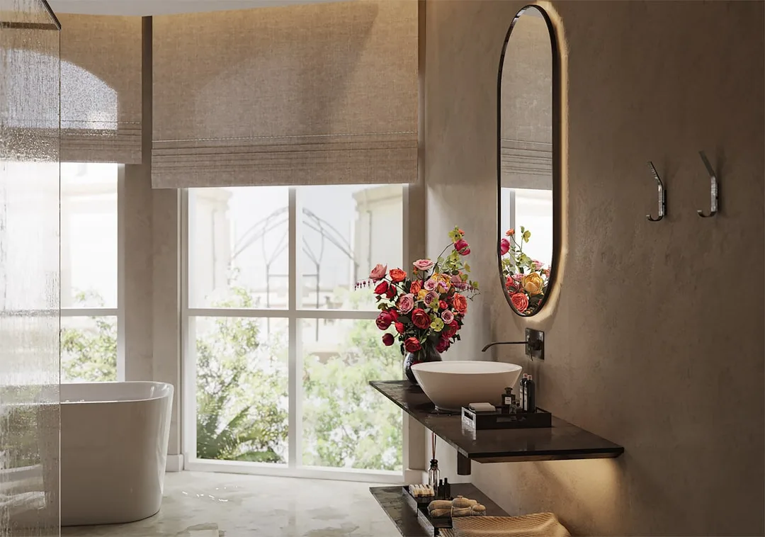 Elegant bathroom with oval wall mirror above vessel sink vanity, showing ideal mirror-to-fixture height relationship
