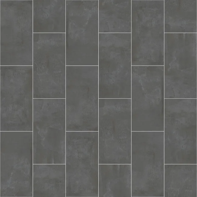 Dark charcoal concrete-look floor tiles in brick offset pattern with light grey grout lines