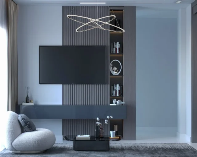 Modern living room with wall-mounted TV on fluted