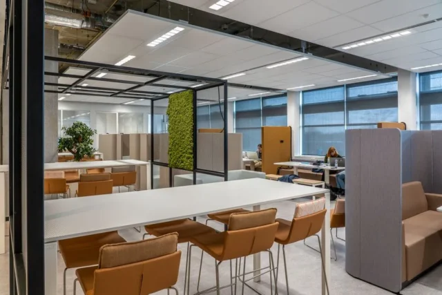 Modern shared work zone with acoustic pod seating,