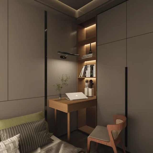 Modern small home office nook with wooden desk, bu
