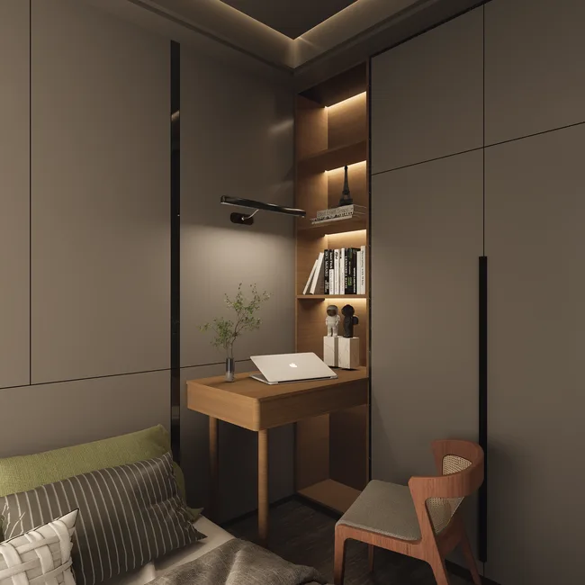 Modern small home office nook with wooden desk, bu